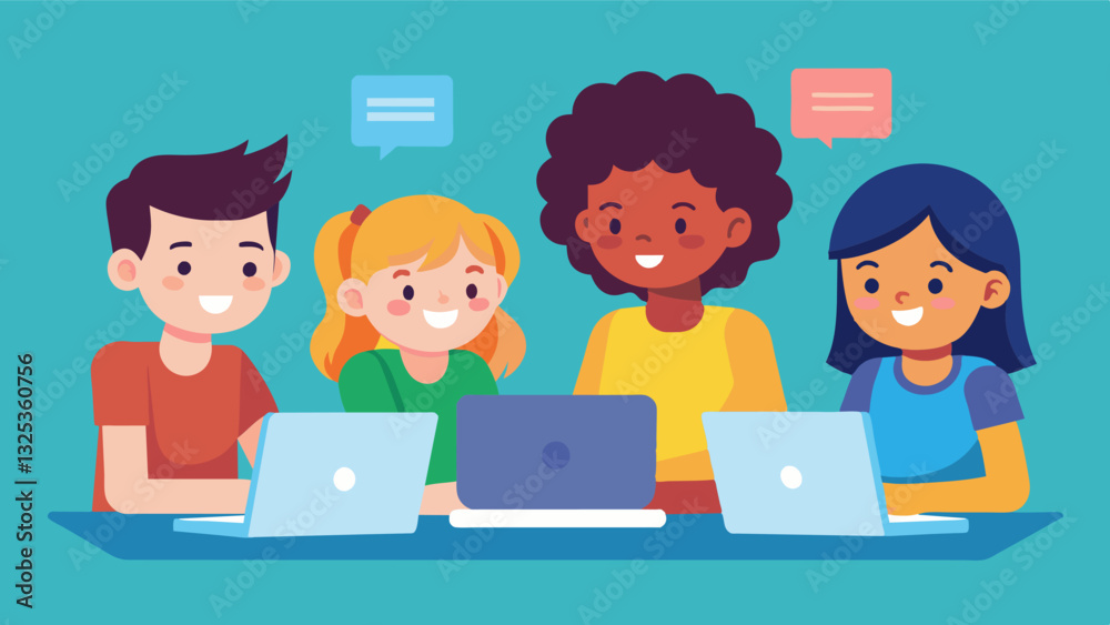 Kids working together on a school project collaborating through screen sharing on their individual laptops.. Vector illustration Kids working together on a school project collaborating through screen sharing on their individual laptops.. Vector illustration