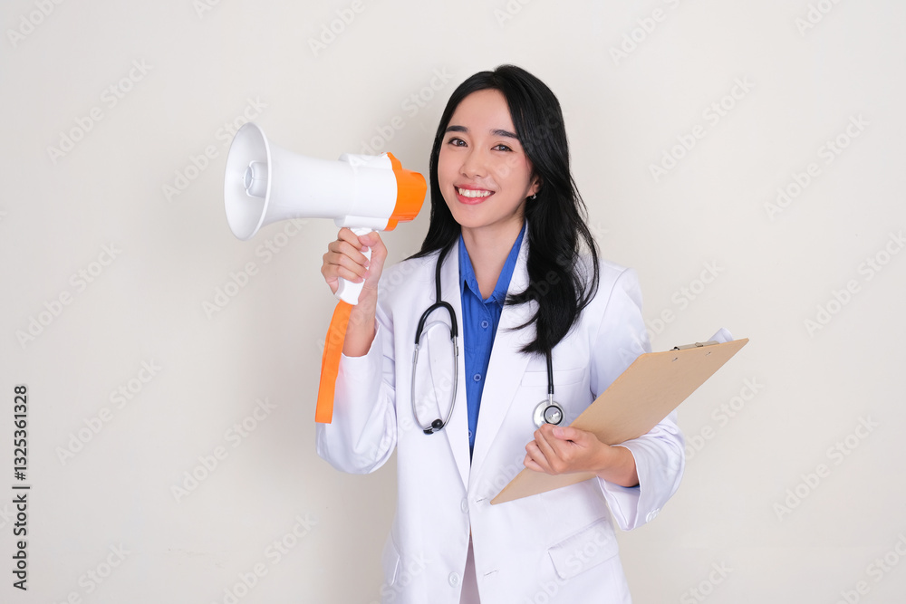 A young female doctor smiling happy when announce something using megaphone A young female doctor smiling happy when announce something using megaphone