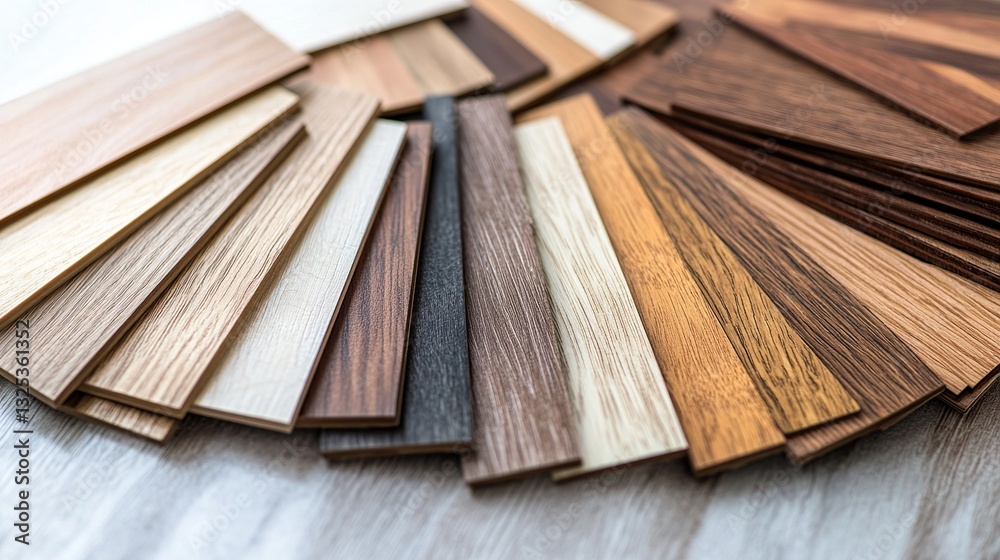 A palette of wood decor samples showcasing different colors and textures. The collection includes wood chipboard and laminate veneer materials for interior architecture, and furniture finishing. A palette of wood decor samples showcasing different colors and textures. The collection includes wood chipboard and laminate veneer materials for interior architecture, and furniture finishing.