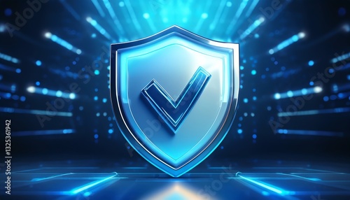 A glowing blue shield with a checkmark, symbolizing security and assurance in a digital environment.