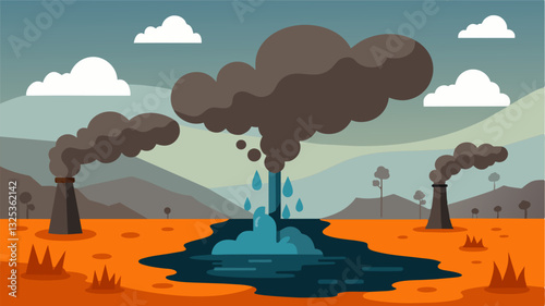The thick plumes of smoke and ash have contaminated nearby water sources making them undrinkable and unusable for irrigation. With limited access to water farming and agriculture. Vector illustration