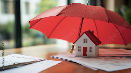 Home insurance protection concept with house model and red umbrella