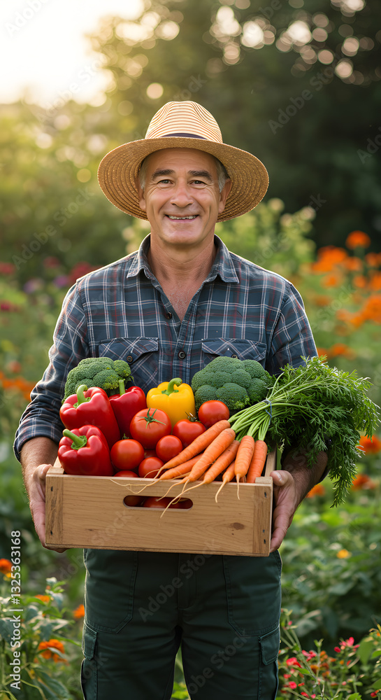Fototapeta premium Smiling middle aged farmer in straw hat holding a box of fresh vegetables including peppers, carrots, and tomatoes in a lush garden setting.