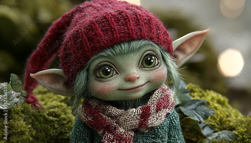 An adorable smiling mythical creature wearing a festive hat and scarf An adorable smiling mythical creature wearing a festive hat and scarf
