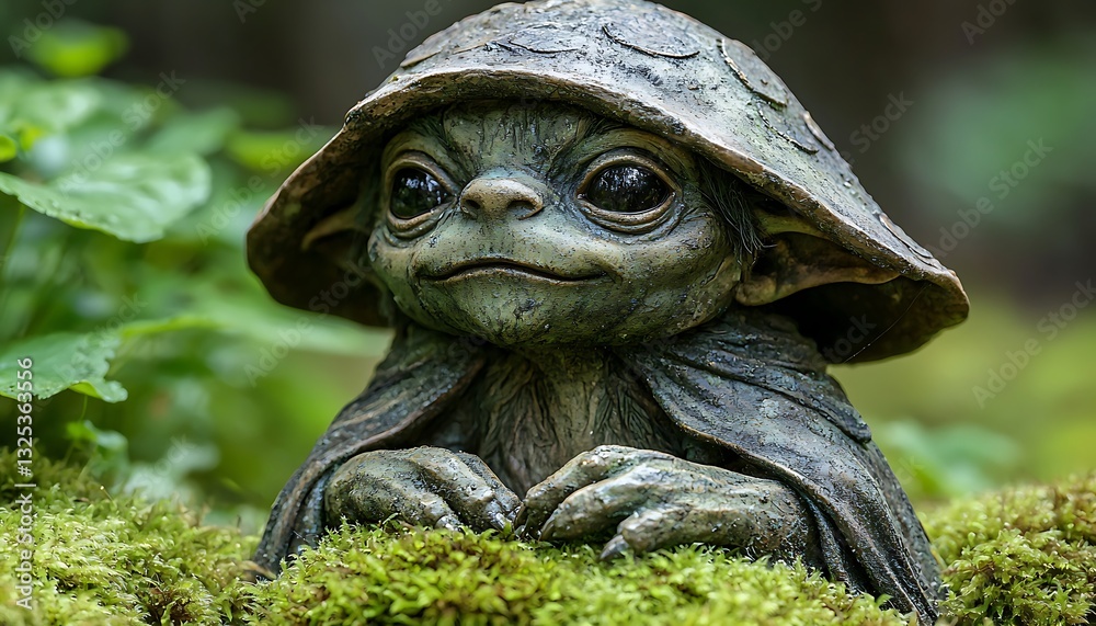A small statue of a creature rests in the greenery A small statue of a creature rests in the greenery