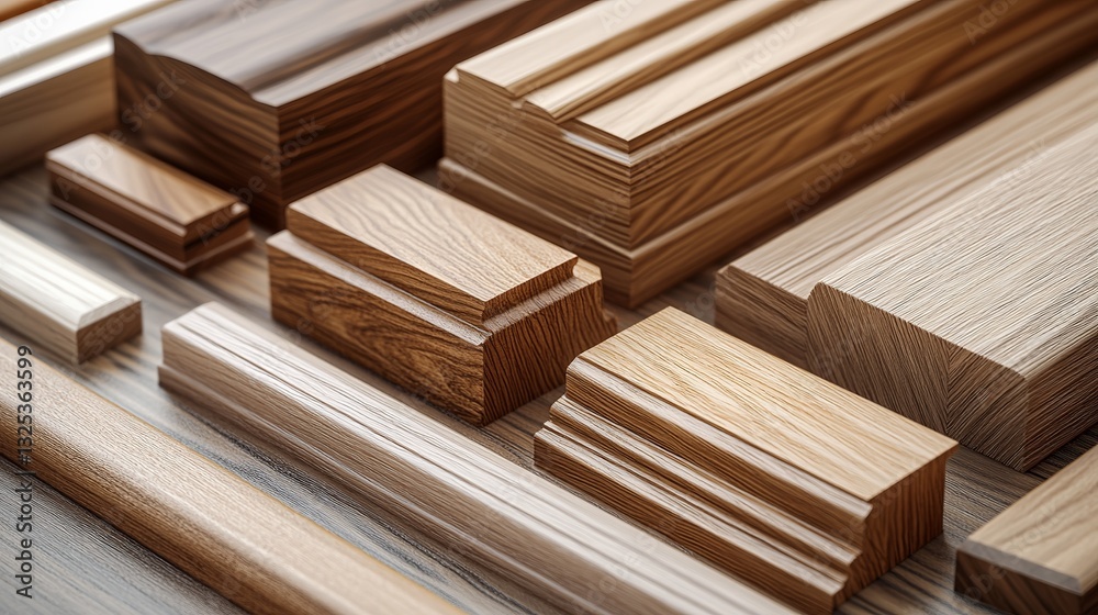 A selection of wooden furniture profiles made of CMD or MDF, including baseboard samples from different types of wood. 3D illustration A selection of wooden furniture profiles made of CMD or MDF, including baseboard samples from different types of wood. 3D illustration