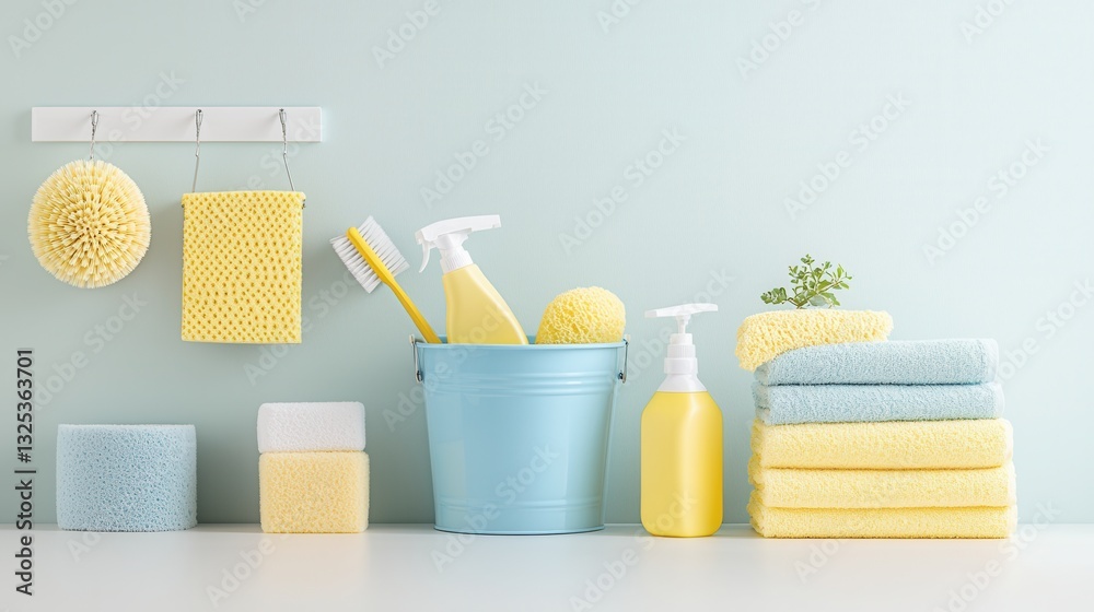 A cheerful and well organized cleaning setup featuring a blue bucket various yellow sponges brushes and towels as well as cleaning spray bottles all arranged in a neat and efficient manner A cheerful and well organized cleaning setup featuring a blue bucket various yellow sponges brushes and towels as well as cleaning spray bottles all arranged in a neat and efficient manner