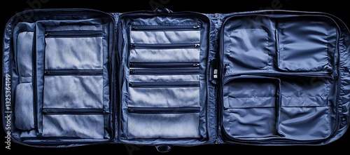 Open navy blue garment bag displaying numerous compartments and pockets.