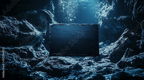Dark, Underwater Scene with a Square Slate Slab Amidst Rocky Terrain
