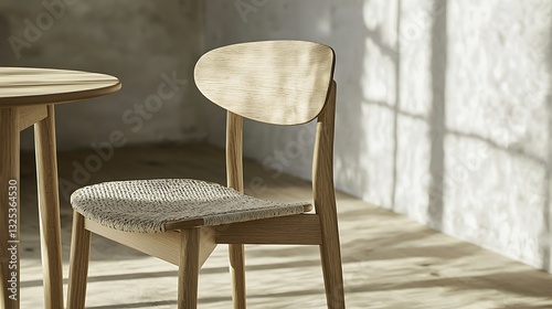 Modern Wooden Chair with Woven Seat and Matching Table in Sunlit Room
