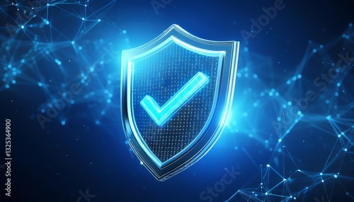 A glowing digital shield with a checkmark, symbolizing security and protection in a technology-focused environment.
