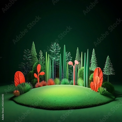 Stylized grassy knoll with various trees and plant life