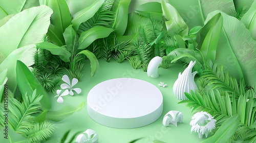 Minimalist 3D Render of a White Circular Display Platform Surrounded by Lush Green Tropical Foliage