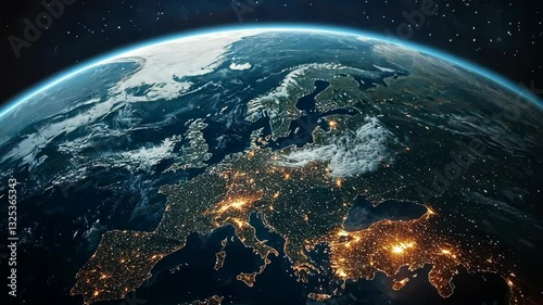 Rotating view of earth from space showcasing illuminated europe at night