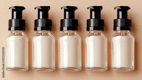 Five clear glass bottles with black pump dispensers arranged neatly