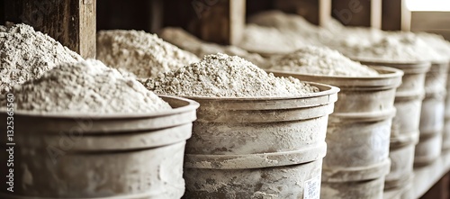Containers hold piles of grayish granular powder substance indoors