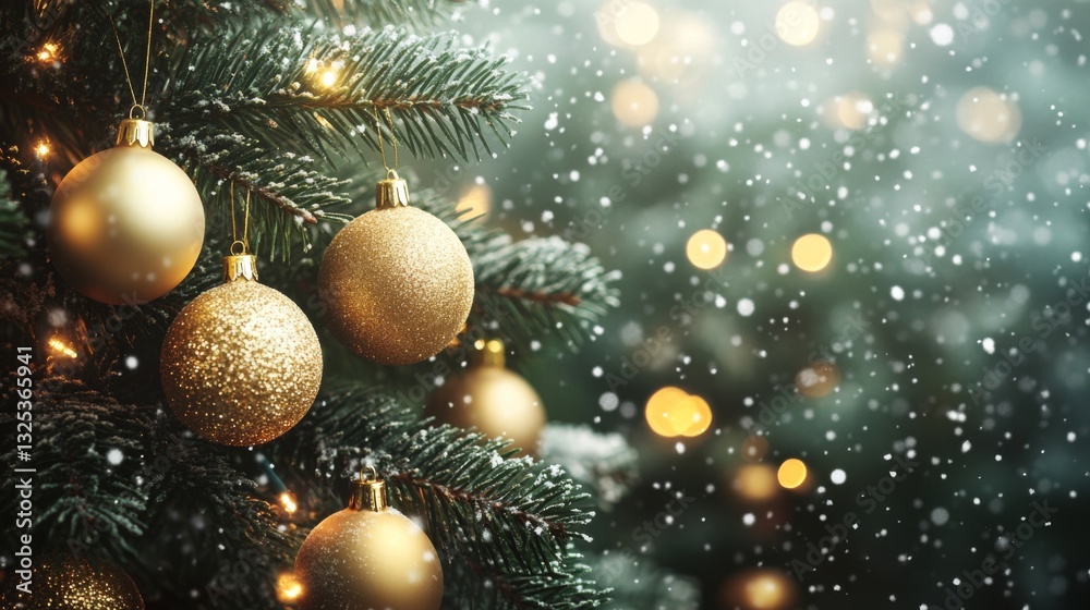 Festive christmas tree with golden ornaments and snowflakes Festive christmas tree with golden ornaments and snowflakes