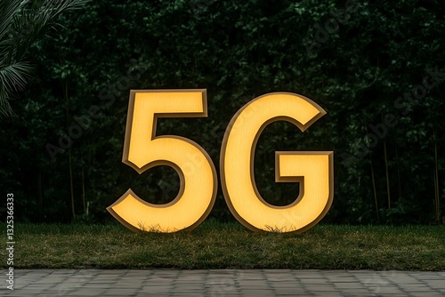 Large illuminated digits five and letter g stand outdoors
