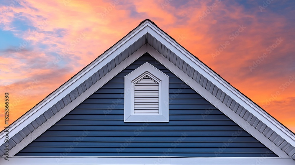 A triangular decorative gable with a colonial-style white soffit and fascia, set against the blue horizontal vinyl siding of a modern American estate home, with a sunset in the background. A triangular decorative gable with a colonial-style white soffit and fascia, set against the blue horizontal vinyl siding of a modern American estate home, with a sunset in the background.