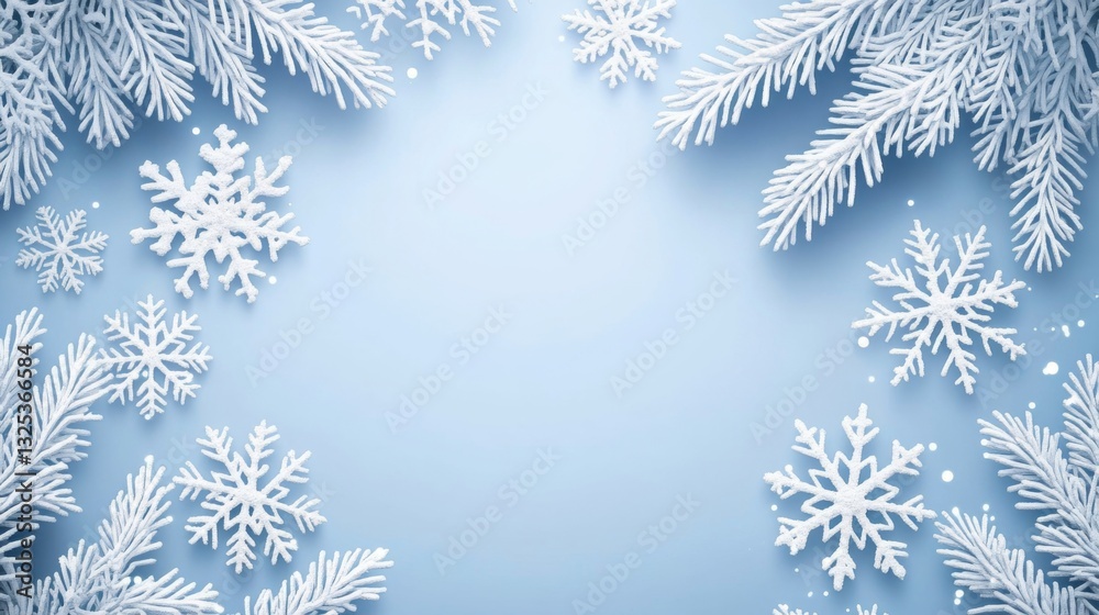 Winter snowflake background with frozen pine branches for seasonal design Winter snowflake background with frozen pine branches for seasonal design