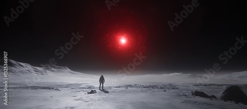 An astronaut stands on a desolate planet under a red star