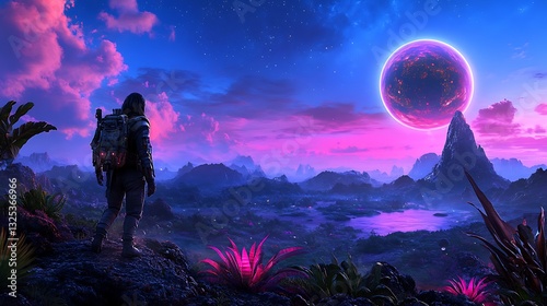 Hiker surveys an alien world with planet in the sky