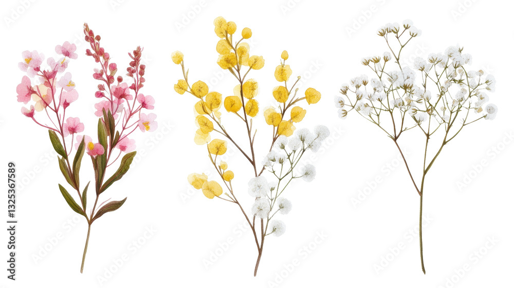 Yellow flowers and golden wheat isolated on a white background Yellow flowers and golden wheat isolated on a white background