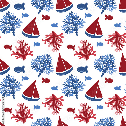 The marine pattern with a ship and corals. Vector illustration