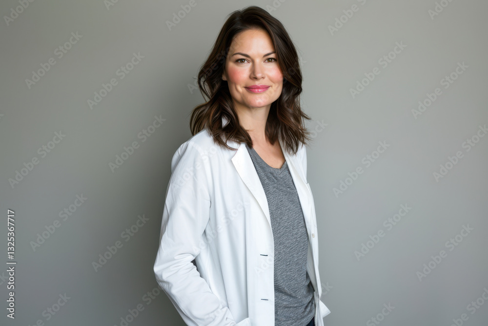 Smiling female doctor in a white coat against a gray background Smiling female doctor in a white coat against a gray background