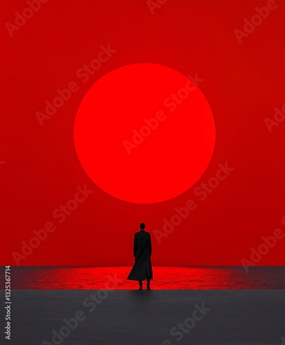 Figure in a coat stands before a giant red sun