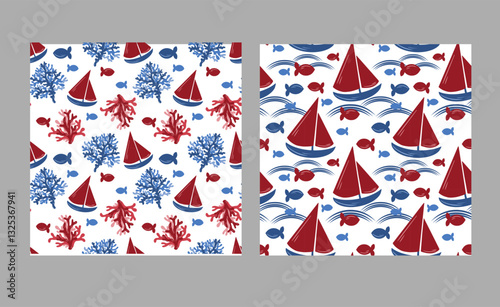 A set of marine patterns with boats and corals and fish. Vector illustration