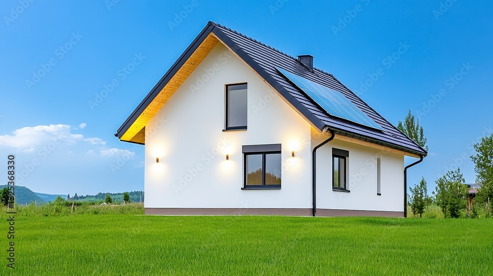 Contemporary House with Solar Panels on Grass Landscape under Blue Sky Contemporary House with Solar Panels on Grass Landscape under Blue Sky