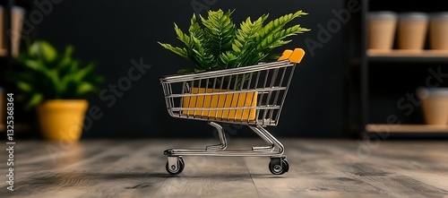 Miniature shopping cart holds a potted plant with green leaves