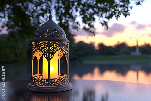 Ornate lantern with candle sits on table at dusk