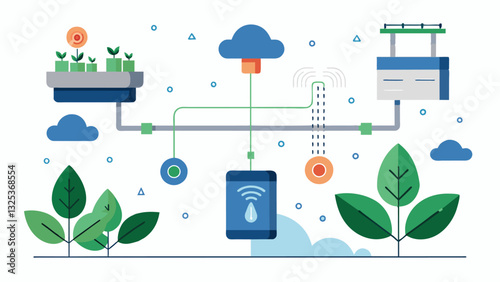 With the help of machine learning algorithms a smart irrigation system can continuously optimize watering schedules for maximum crop yield.. Vector illustration