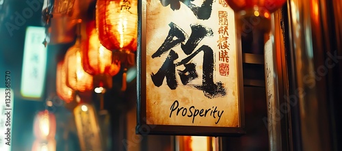 Sign displaying japanese characters with the english word prosperity