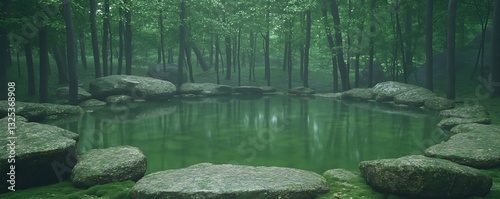 Still pond surrounded by mossy rocks in a verdant forest