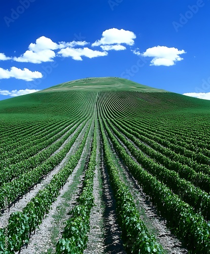 Lush green vineyard stretches over a hill beneath a blue sky