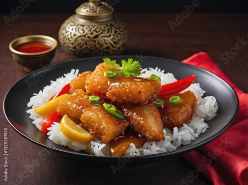 A plate of crispy, deep-fried fish fillets coated in a glossy, sweet-and-sour sauce made with pineapple chunks, bell peppers, and onions. photo