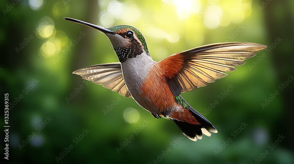 Fototapeta premium A beautiful hummingbird in flight with transparent extended wings