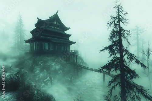 Enigmatic Asian Temple shrouded in a mystical fog, perched on a rocky cliff.