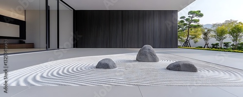Modern Zen Garden with Gray Stones and Linear Sand Pattern at Minimalist Building Entrance