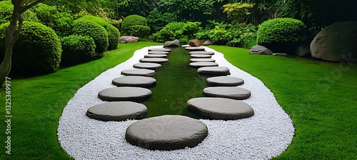Serene Zen Garden Path with Stepping Stones Across a Pond