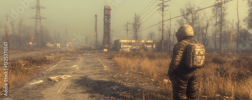Post-Apocalyptic Wanderer on a Desolate Road, Ruined Buildings in the Distance