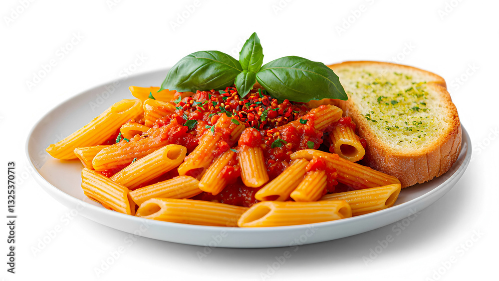 A vibrant plate of penne arrabbiata coated in a spicy tomato sauce, topped with chili flakes and fresh basil, served with a side of garlic bread A vibrant plate of penne arrabbiata coated in a spicy tomato sauce, topped with chili flakes and fresh basil, served with a side of garlic bread