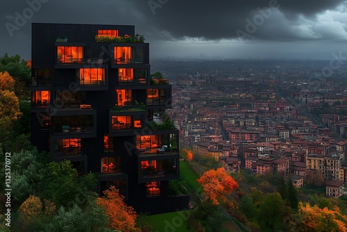 Illuminated Modern Architectural Design on Hillside Overlooking Cityscape