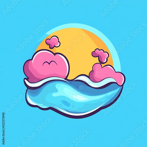 Stylized Cartoon Illustration of Ocean Waves, Pink Clouds, and a Yellow Sun