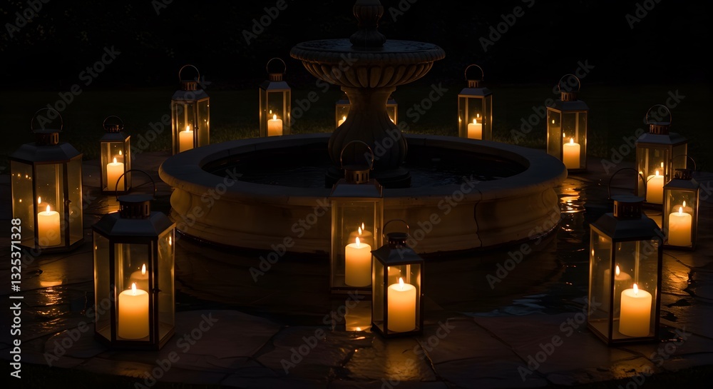 Romantic evening scene with lit lanterns surrounding a fountain mood dark warm glow calm fire gold Romantic evening scene with lit lanterns surrounding a fountain mood dark warm glow calm fire gold