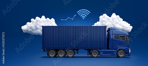 Blue Semi-Truck with Container, Cloud Computing and Growth Graph