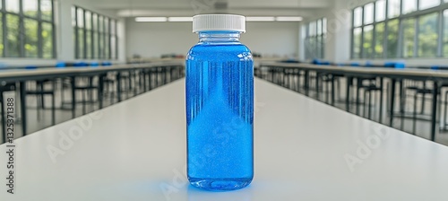 Blue Liquid in Plastic Bottle on Classroom Table